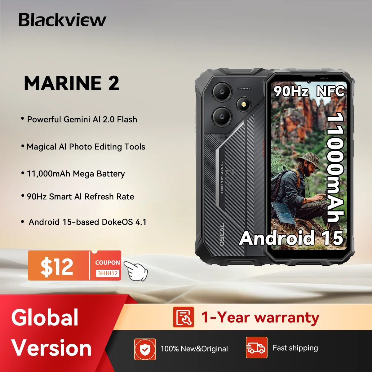 Blackview OSCAL MARINE 2 AI Smartphone Android 15, 6,56'' HD+ Display, 24(8+16)GB 256GB, Robustes Smartphone-Entsperrung, 11000mAhNFC
