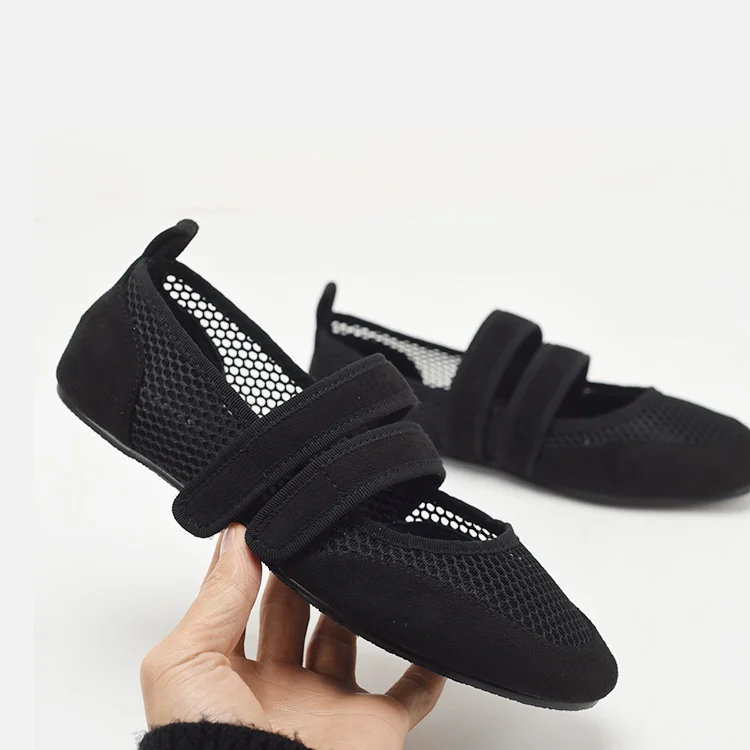 Aushöhlen Schwarz Mesh Wohnungen Schuhe Frauen Haken Schleife Casual Streetwear Faulenzer Weiche Ballett Schuhe Damen Sommer Runde Kappe Mary Janes