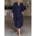 Vestito midi in cotone e lino da donna, estivo, casual, quotidiano, per le vacanze, vestibilità regolare, tinta unita, manica corta, revers, nero, bianco, giallo, blu navy, estate, primavera.