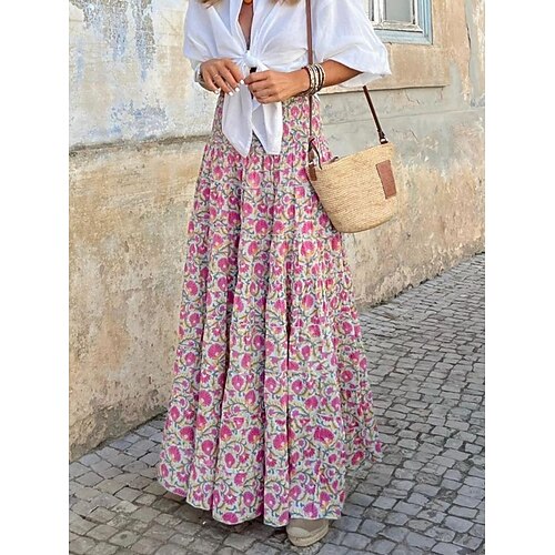 Gonna da donna Maxi gonna A Line Swing Bohemia casual maxi gonna alta vita floreale stampa con tasche micro-elastico strada quotidiana rosa fucsia estate poliestere misto cotone