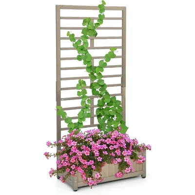 Raised Garden Bed with Trellis, Wood Planter Box for Flower Climbing, Standing Vertical Indoor