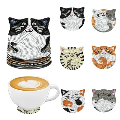 6-piece DIY Cat pattern Diamond art Painting Coaster without cup holder Wooden coaster Living Room