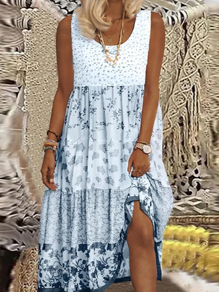 Robe mi-longue décontractée pour femmes, grande taille, imprimé Floral, sans manches, col plat, ligne a, robes de plage bohème, nouvelle collection été 2025