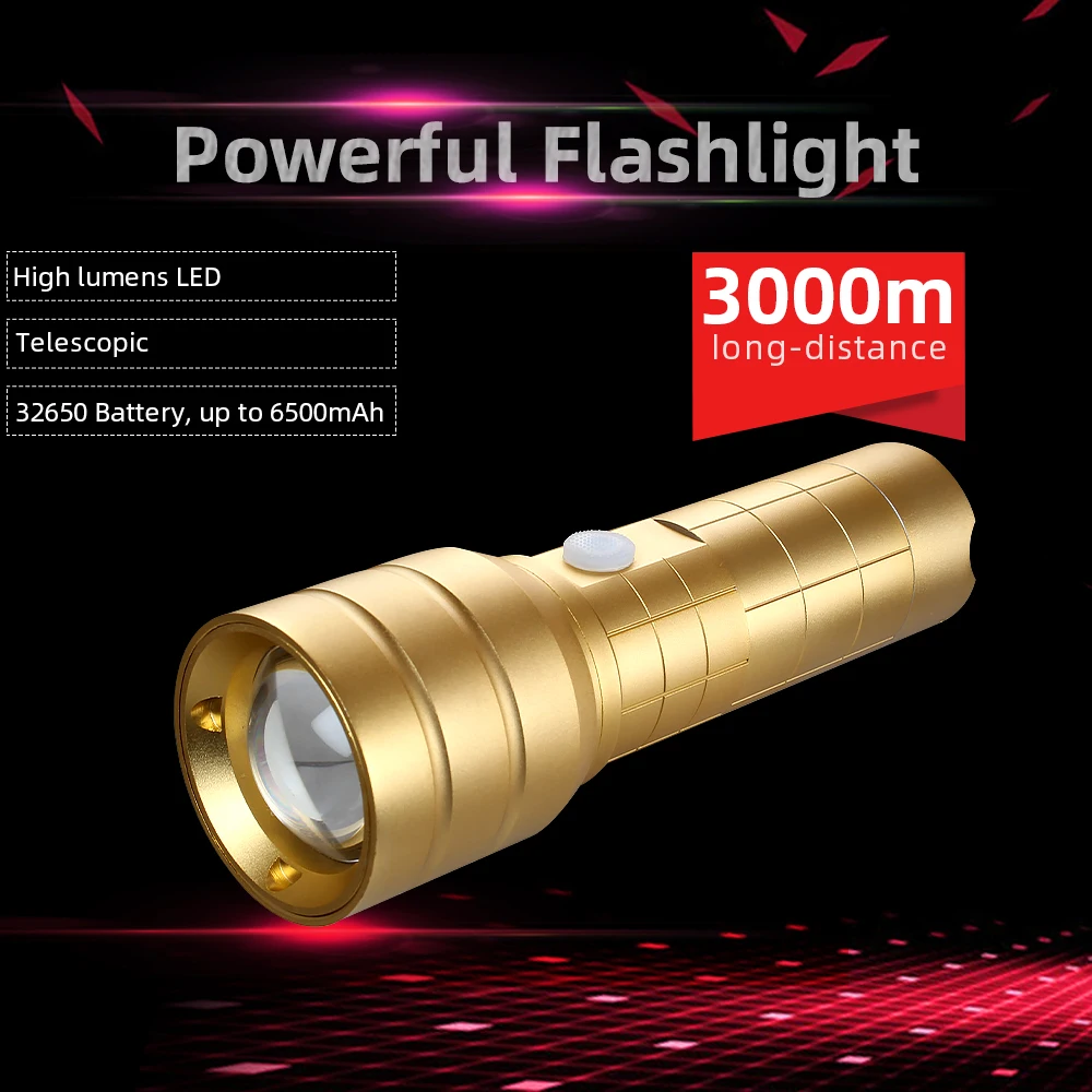Torcia a LED ricaricabile a lunga durata Faretto a lungo raggio Torcia ad alta potenza Torcia con zoom telescopico Torcia tattica