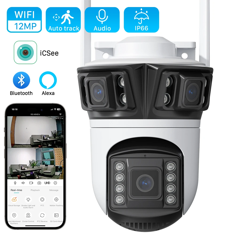 12MP 6K Tre Schermi WIFI Telecamera IP Esterna 8MP 4K Doppia Lente PTZ Telecamera Ai Rilevamento Umano CCTV Video Telecamera di Sicurezza iCsee APP