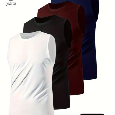 TEMU 4pcs Yunte Men's Athletic Sleeveless Tank Tops In White, Black, , Navy - Breathable & Quick-dry Polyester, Loose Fit Round Neck Sleeveless Shirts For Gym Training & Workouts Image