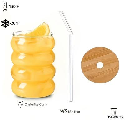 TEMU 1pc Set (1 350ml Borosilicate Espresso Glass Cup + 1 Bamboo Lid + 1 Glass Straw) - Hand Washable, Reusable, Suitable For Coffee, Tea, Beverages - Home, Office Image