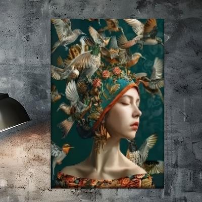 TEMU 2d 1pc, Canvas Painting--, A Woman With Birds Flying Around Her Head, Artist's Drawing, Living Room, Library, Office, Cafe, Bar, Abstract Art, Perfect Birthday, Holiday Gift, Valentine's Day, Image