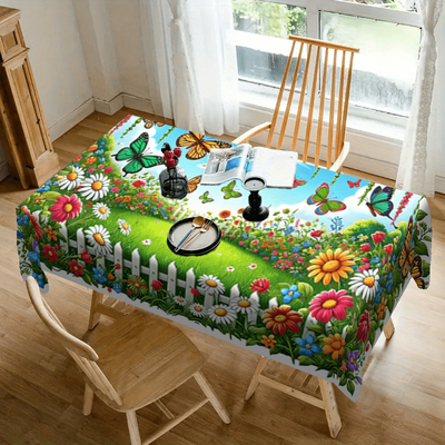 "TEMU Product 1pc, Spring Tablecloth, And Flower Pattern Spring Scene Tablecloth, 100% Polyester, For Home Kitchen Dining Party Decor, "" Text Design, Decoration" Image