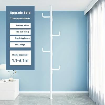 TEMU 1..1m Adjustable Tension Pole Clothes Rack With 4 Hooks, Suitable For Hanging Clothes, Jackets, Hats, Scarves, Suitable For Living Room, Balcony, Kitchen, Blac Image