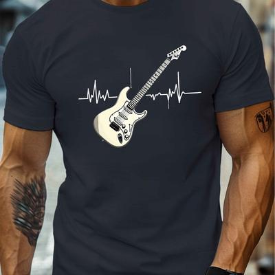 TEMU Men' Electric Guitar Heartbeat Graphic Tee - Casual Crew Neck Short Sleeve, Lightweight Polyester Summer Shirt, Casual Tee | Heartbeat Design | , Guitar Shirt Image