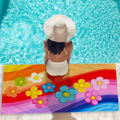TEMU 1 Extra Large Quick-dry Beach Towel - Absorbent, Soft, Ideal For Pool, Swimming, Bathing, Traveling & Camping - Floral And Striped Pattern Image