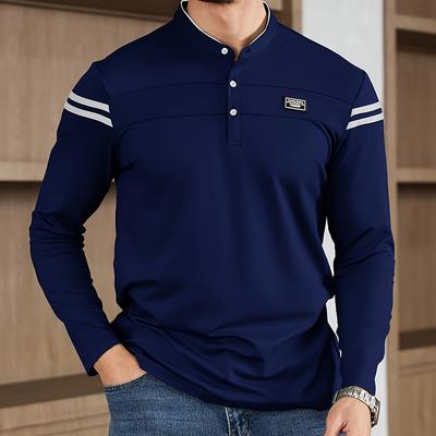 TEMU Men's Casual Long Sleeve T-shirt - Solid Color With Stand Collar & Stripe , Button-up Front, Ideal For Outdoor Activities Image