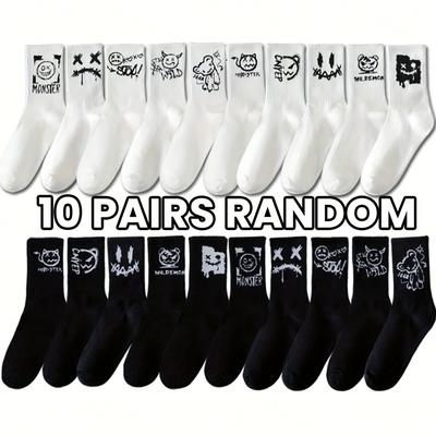 TEMU 5 Pairs Men's Mid Calf Socks, Polyester 97% + Spandex 3%, Cartoon Pattern, Knit Fabric, 240g/m², Hand Wash, For Couple Image