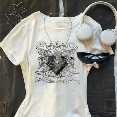 TEMU Women's Casual Graphic T-shirt With Intricate , Short Sleeve Crew Neck, Soft Polyester Blend, Spring And Summer, White Image