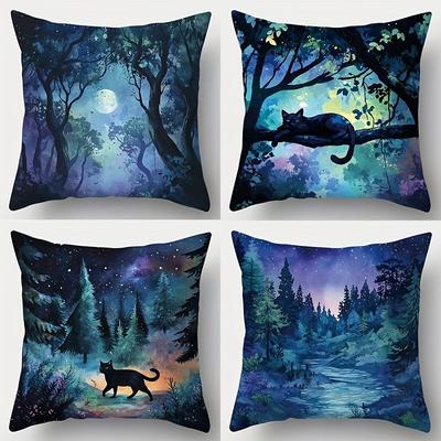 TEMU 1pc/4pcs Black Cat Pattern Single Side Decor Sofa Pillow Cover Square Polyester Pillow Cover Modern Sofa Decor Cushion Cover Image
