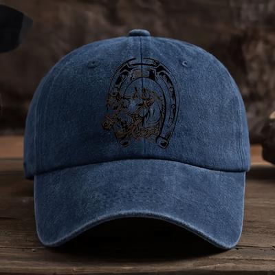 TEMU Vintage-style Baseball Cap With Horseshoe And Horse - Ideal For Equestrian Enthusiasts, Hand-washable Viscose Image
