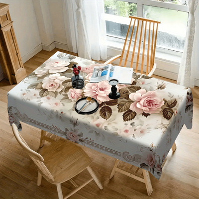 TEMU Product 1pc Spring Elegant Floral Tablecloth, Polyester Tablecloth, Parties, Picnics, And Dining Decor, Decoration Image