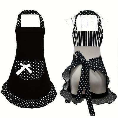 TEMU 1pc Retro Polka Dot Apron With Ruffle Hem & Large Pockets - Black And White Vintage Kitchen, Baking, And Cooking Apron For Home Or Restaurant Use, Restaurant Apron | Retro Polka | Polyester Apron Image