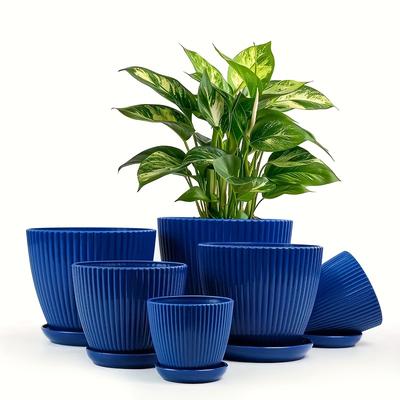 TEMU 3pcs Modern Vertical Striped Plastic Planter, Indoor/outdoor Round Planter, Weather Resistant With Drainage Holes And Tray For Multi-component Tabletop Garden Containers Image