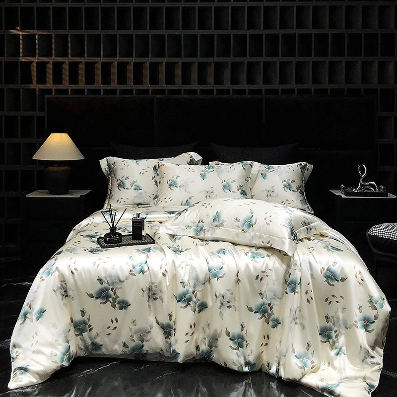 Luxuriöses Bettwäsche-Set aus Naturseide, hochwertiges Bettbezug-Set aus weichem, seidigem Satin, Einzelbett, Doppelbett, Queen-Size-Bett, King-Size-Druck, Bettbezug Image