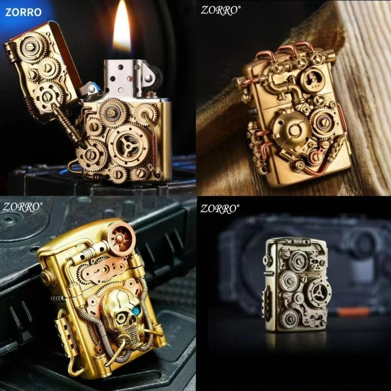 Kreatives Kerosin-Feuerzeug aus reinem Kupfer, personalisiertes mechanisches Steampunk-Feuerzeug mit Zahnradverbindung, cooles Geschenk für Männer Image
