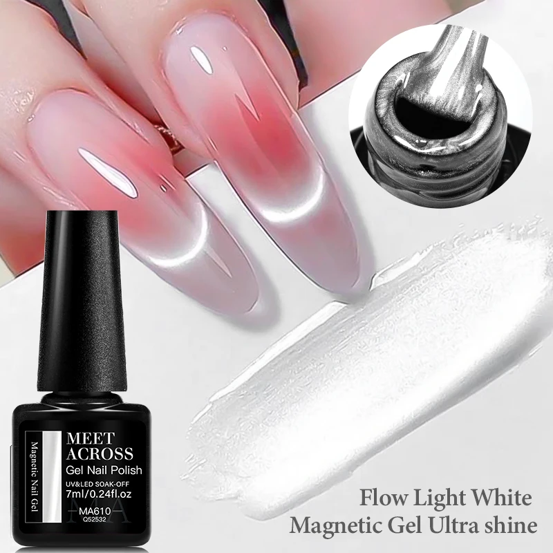MEET ACROSS 7 ml Flow Light White Cat Magnetischer Gel-Nagellack, besonders glänzender, halbtransparenter Spiegelglas-Magnet-Gel-Lack Image