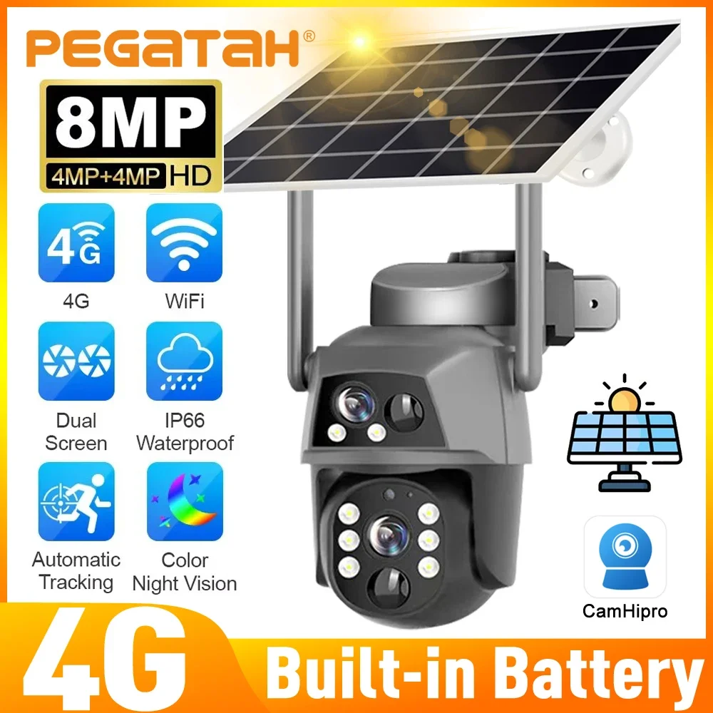 4G Solar-Überwachungskamera 8MP 4K Outdoor PTZ Dual Lens WiFi Überwachung Menschenerkennung Auto Tracking Eingebaute Batterie CCTV Image