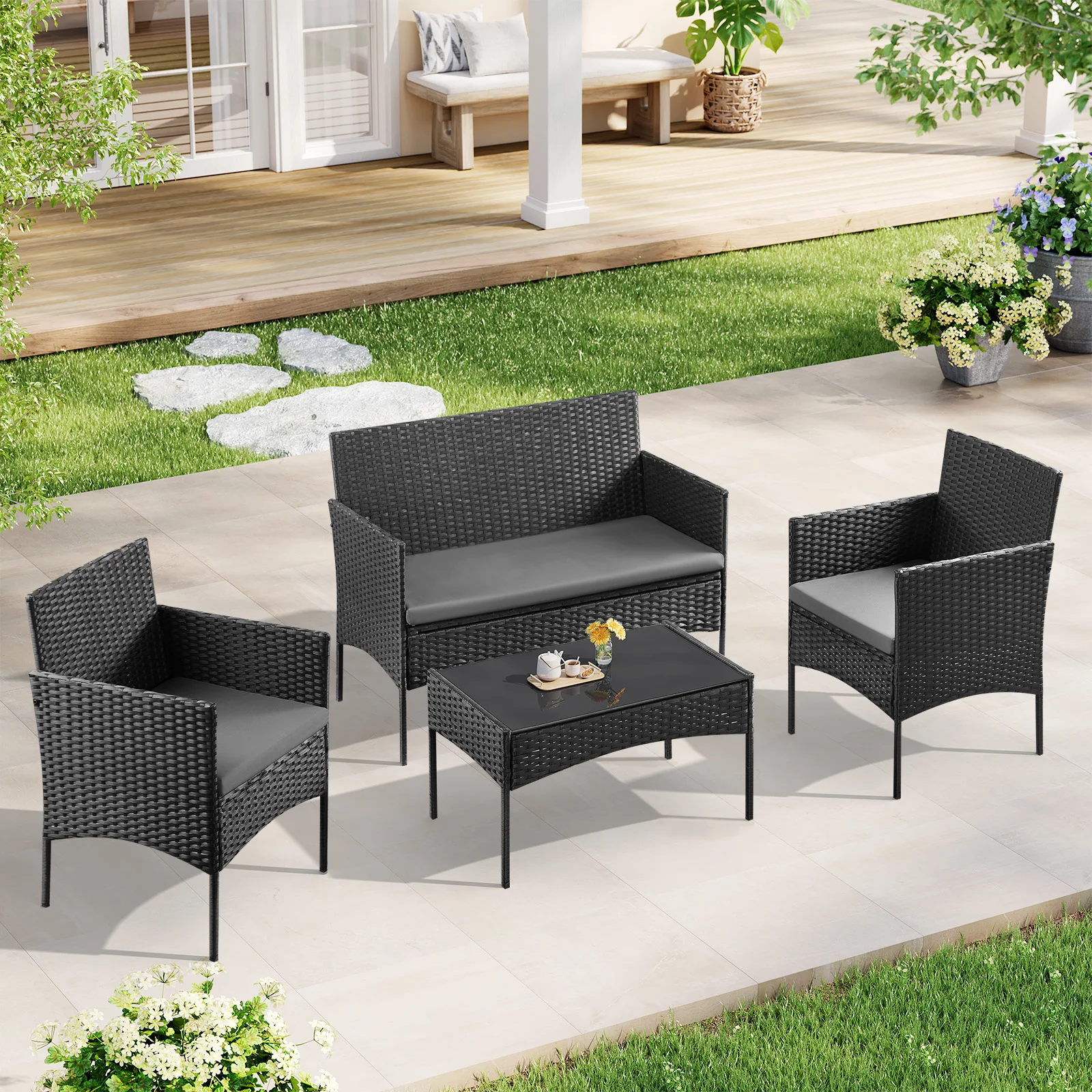 WOLTU 4-teiliges Rattan-Gartenmöbel-Set, Couchtisch, 2 Sessel und Sofa für 2-Sitzer, mit Kissen, wetterfest, für Balkon, Garten