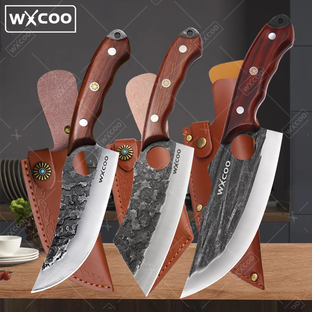 WXCOO Küchenmesser aus Edelstahl, handgeschmiedet, gehämmert, Ausbeinmesser, Fleischbein, Fischgräten-Schneidemesser mit Ledertasche Image