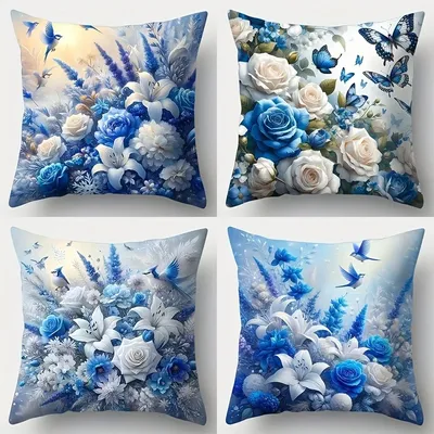 Blauer und weißer Fantasy-Kissenbezug mit Blumenmuster, Wohnzimmer, Sofa, Reißverschluss, Image