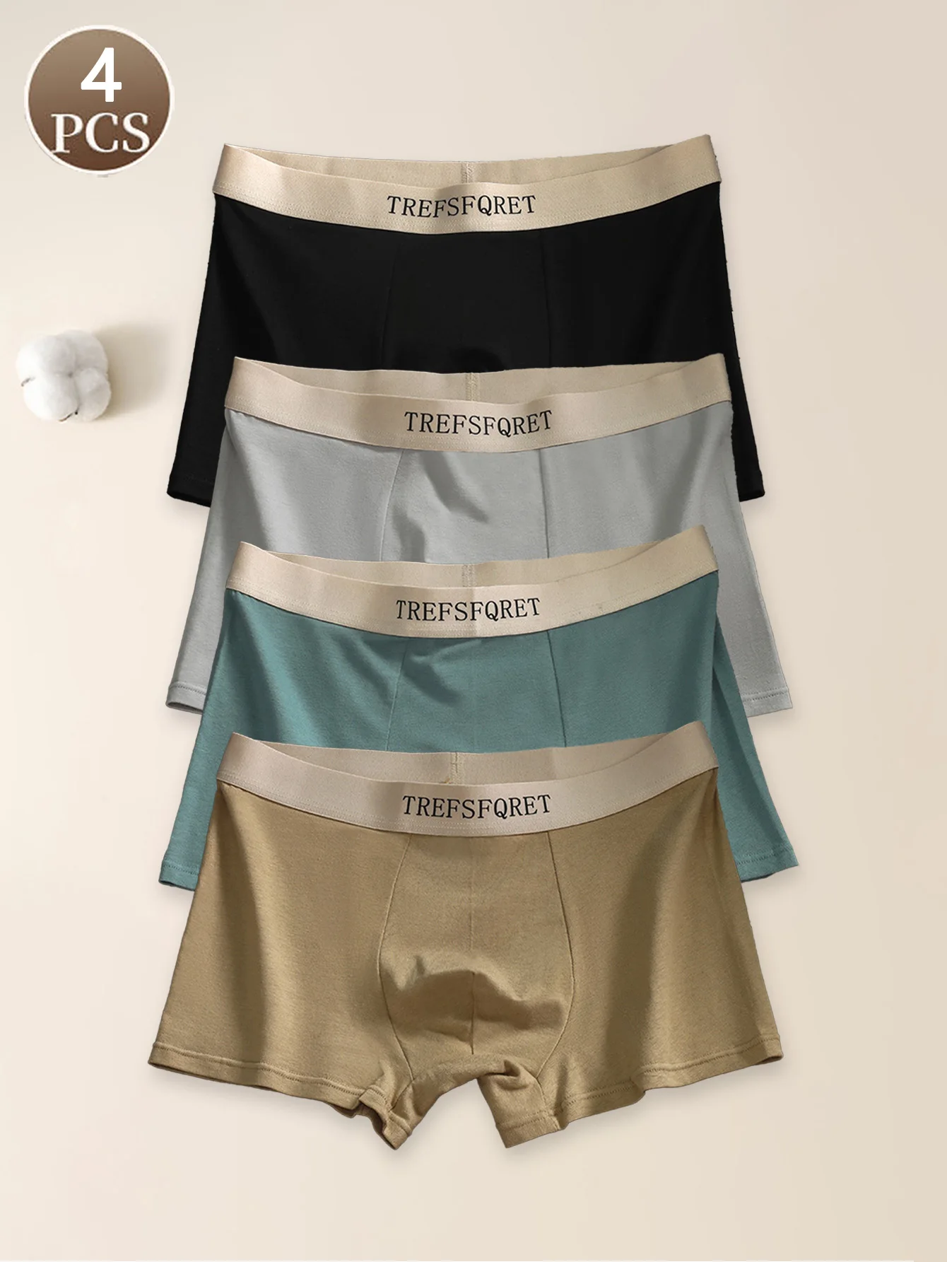 4PCS einfarbige Brief-Baumwollunterwäsche mittlere Taille Herren atmungsaktive lose bequeme einfache Höschen Image