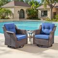 Patio Wicker Swivel Rocker Chairs - Feishominoo 3 Piece Patio Furniture Sets All Weather Patio Swivel Glider Bistro Sets with Glass Side Table for Porch Deck Balcony - Brown Wicker/Blue Cushions