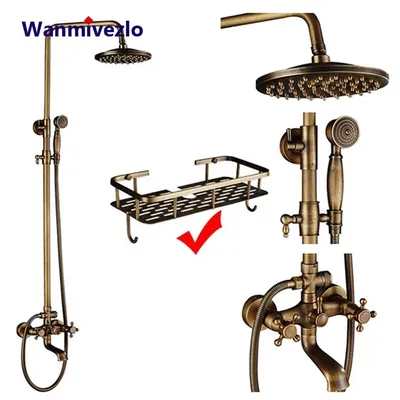 Antique Brass Shower Faucets Set 8'' Rainfall Shower Head Brass Handshower Dual Handle Mixer Tap