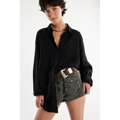 Everyday Linen Shirt at Free People in Black, Size: Medium