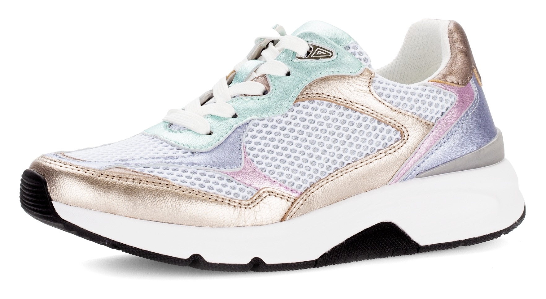 Keilsneaker GABOR ROLLINGSOFT, Damen, Gr. 37, silber (goldfarben, silberfarben multi), Leder, Textil, metallic, Schuhe Sneaker, Freizeitschuh, Halbschuh, Schnürschuh mit gepolstertem Schaftrand