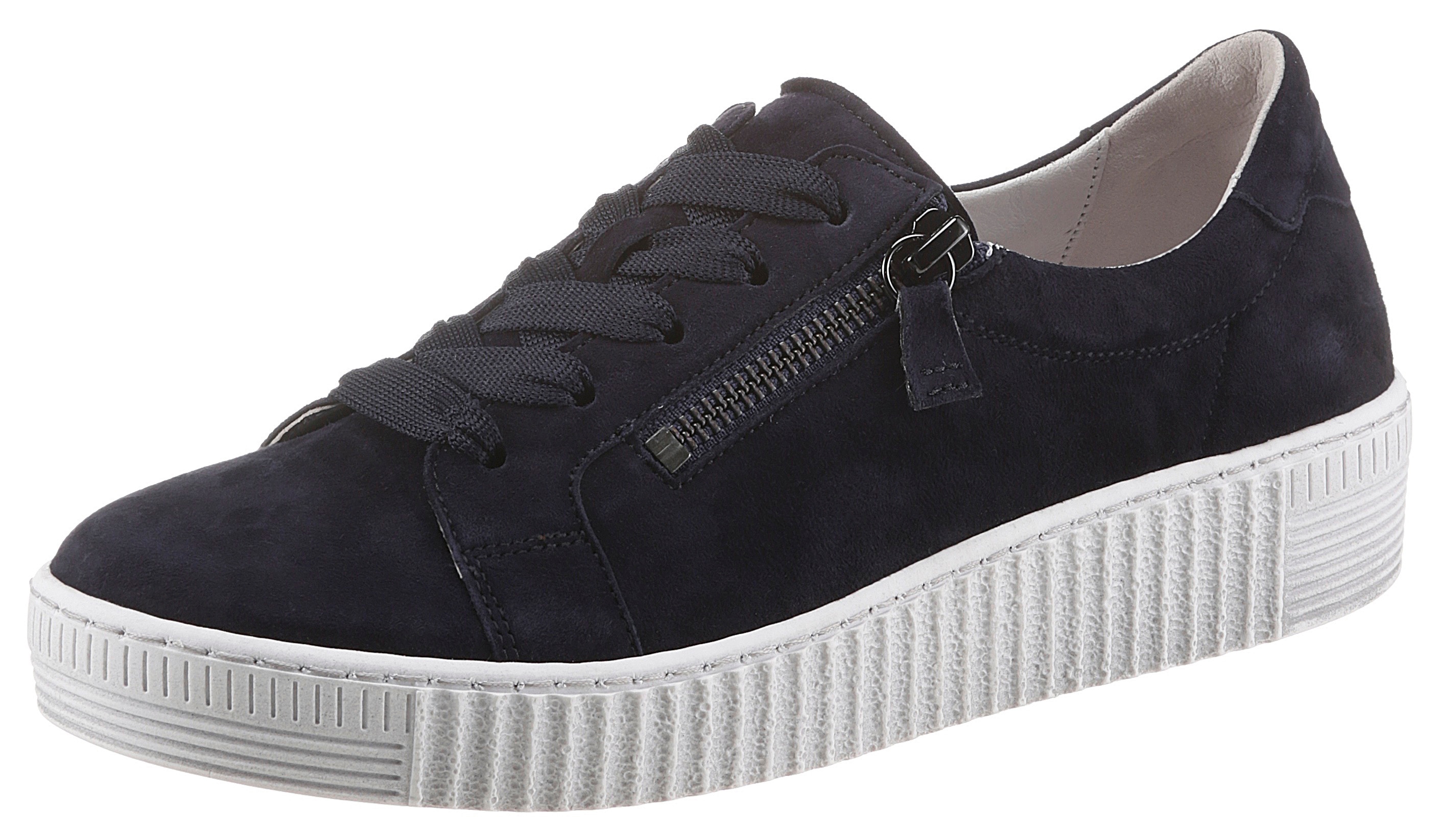 Plateausneaker GABOR, Damen, Gr. 44, blau (dunkelblau), Ziegenveloursleder, unifarben, Schuhe Plateausneaker, mit zwei Reißverschlüssen, Freizeitschuh, Halbschuh, Schnürschuh
