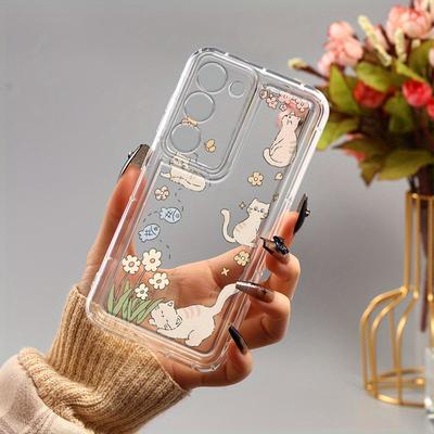 TEMU Luxury Shockproof Transparent Case Pattern Cats & Flowers For Galaxy S23 Ultra S22+ 5g S21 Fe S20 A54 A52 A32 A23 A14 5g Bumper Cases Gp1 Cover Silicone Clear Phone Cases Lens Protection Back Image