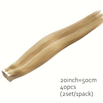 TEMU 40pcs (2set/1pc) - Tape In Extensions Human Mixed Blonde 100% Real Human Seamless Straight Tape In Of 18-26 Inch #27-613 Natural Human Image