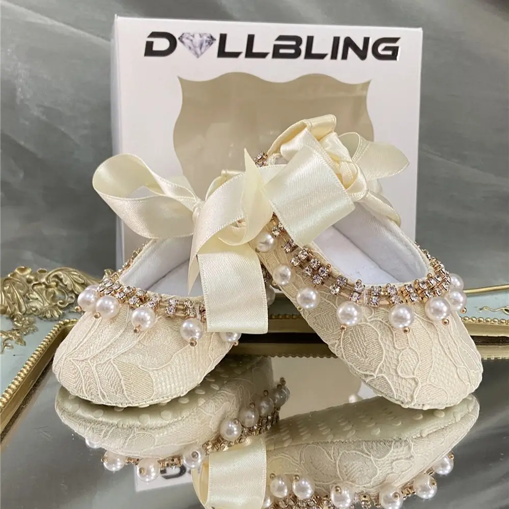 Handmade Vintage Spitze Baby Mädchen Ballett Krippe Schuhe Luxus Infant Perlen Kleid Taufe Kleid Outfit Schuhe mit Stirnband