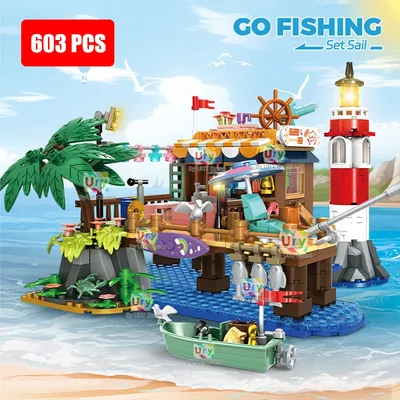 Stadt Dock Hafen Meer Angeln Plattform Leuchtturm mit LED Strand Camping Boot Modell Moc Bausteine Image