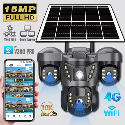 Triple Lens 360o 4G Solar Kamera IP66 Sicherheit 15MP 8K Wireless Outdoor Körper Erkennung PIR Video überwachung Kopf Wifi Kamera