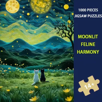 1000 Stück 70 x 50 cm Mondbeleuchtetes Katzenharmony-Puzzle, nächtliche Katzenkunst für Erwachsene Image