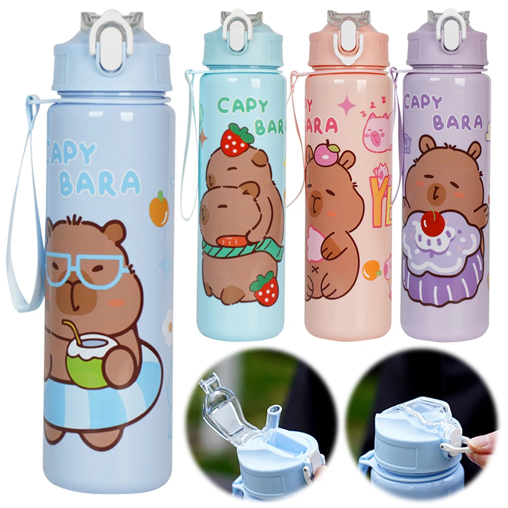 700 ml Capybara süße Wasserflasche, große Kapazität, Sportwasserflasche mit Strohhalm und Griff, Kawaii-Wasserbecher für Outdoor-Aktivitäten Image