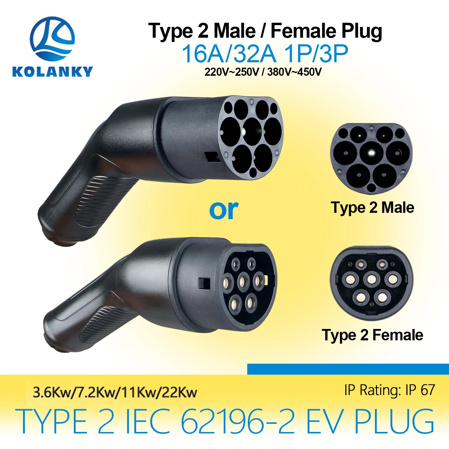 16/32A 3,6/7,2/11/22 kW Typ 2 EV-Ladegerät-Stecker-Adapter IEC 62169 männlich/weiblich für Ladestation und elektrischen Fahrzeuganschluss Image