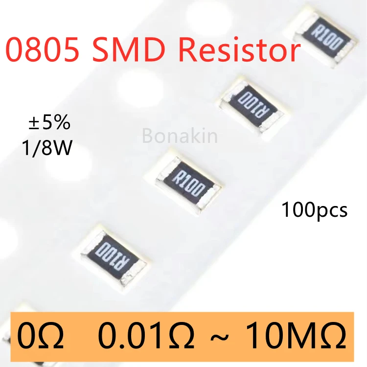 100pcs 0805 5% SMD Resistor 0R 4.7Ω 10 ohm 22R 100R 120R 200R 220R 300R 330R 470R 510R 1K 1.5K 2K 4.7K 5.1K 10K 20K 47K 100K 1M Image