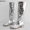 Ronti cool handgemachte Frauen Winter kniehohe glänzende Stiefel Reiß verschluss Stöckels chuhe runde Zehen Silber Party Schuhe plus uns Größe 5-20