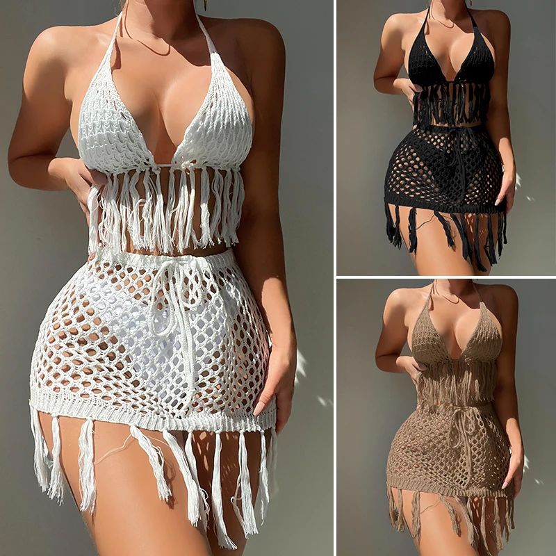 Zweiteiliges Häkel-Badeanzug-Set für Teenager und Damen, sexy Bikini-Vertuschung, Bindeseil, Quaste, Badeanzug, Sommerurlaub, Stricken, Strandkleidung Image
