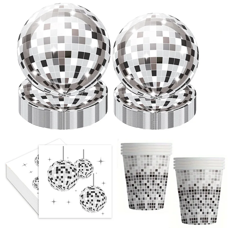 20 Stück Disco Silbrig Thema Einweg-Papier-Partyteller-Set für Hochzeit, Geburtstag, Jahrestag, Picknick, Dekoration, Dusche, Reisezubehör Image
