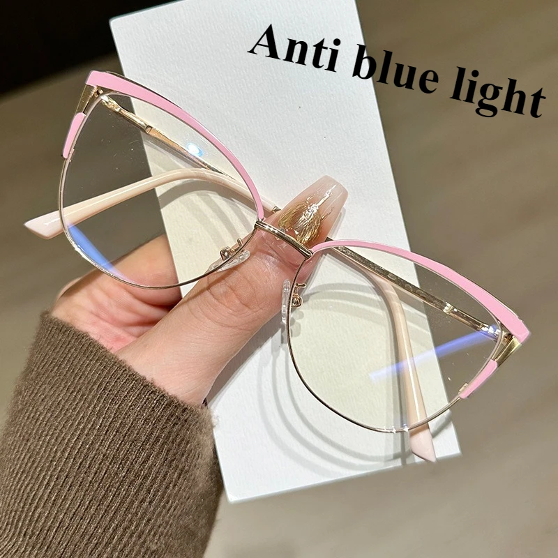 Anti-Blaulicht-Brille mit Metallrahmen, Katzenaugen-Typ, nicht verschreibungspflichtige Schutzbrille, dekorative flache Brille Image